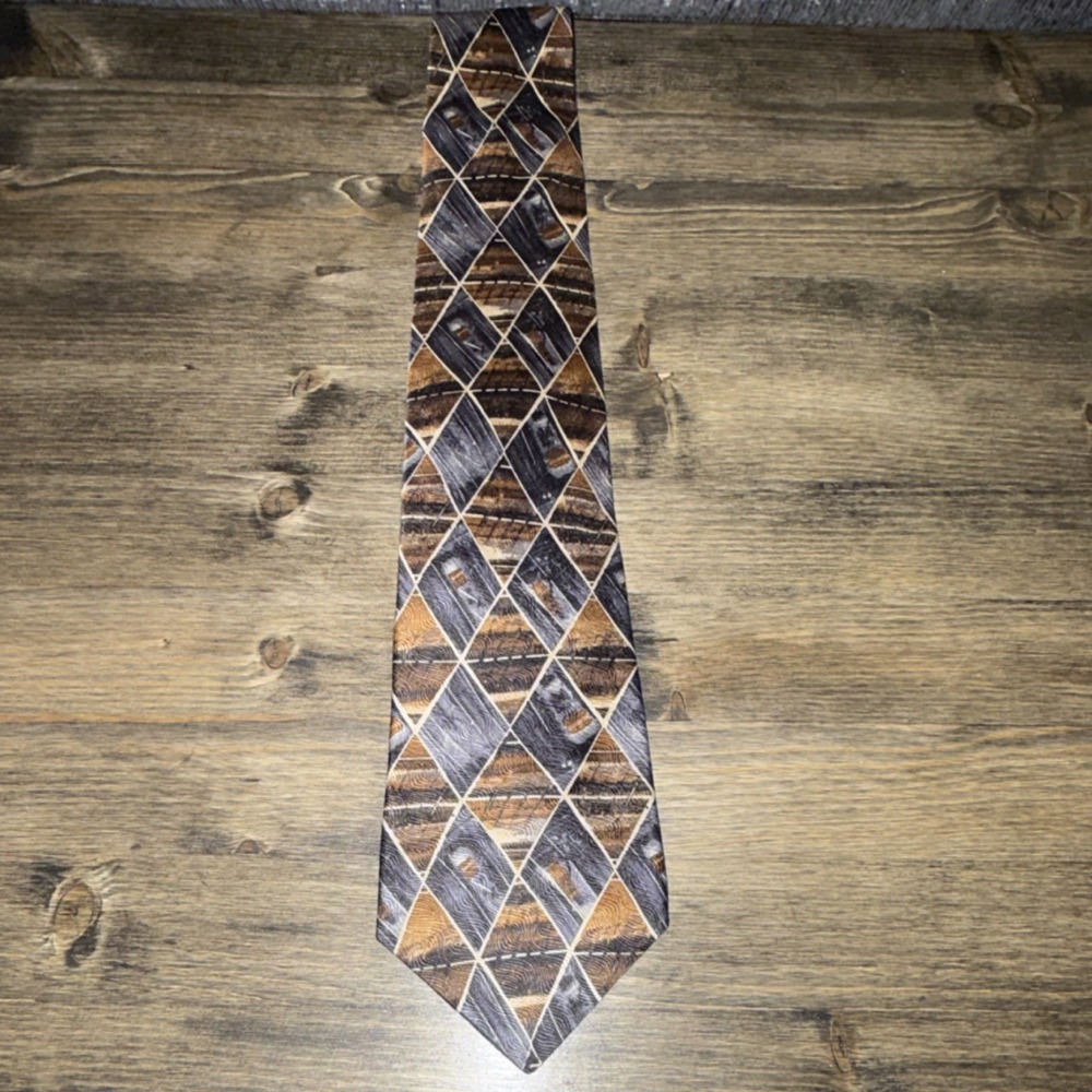 Vintage Countess Mara Silk Men's Tie: Geometric Brown Gray Black Classic Woven